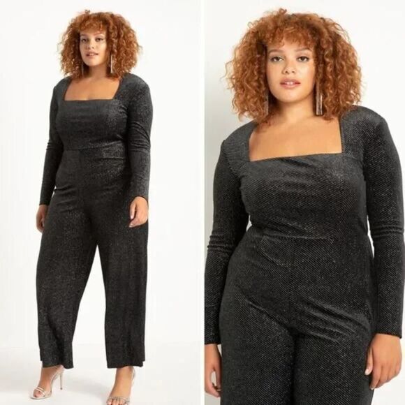 Eloquii Pants - NEW Eloquii‎ black Strong Shoulder Velvet Jumpsuit glitter , 22